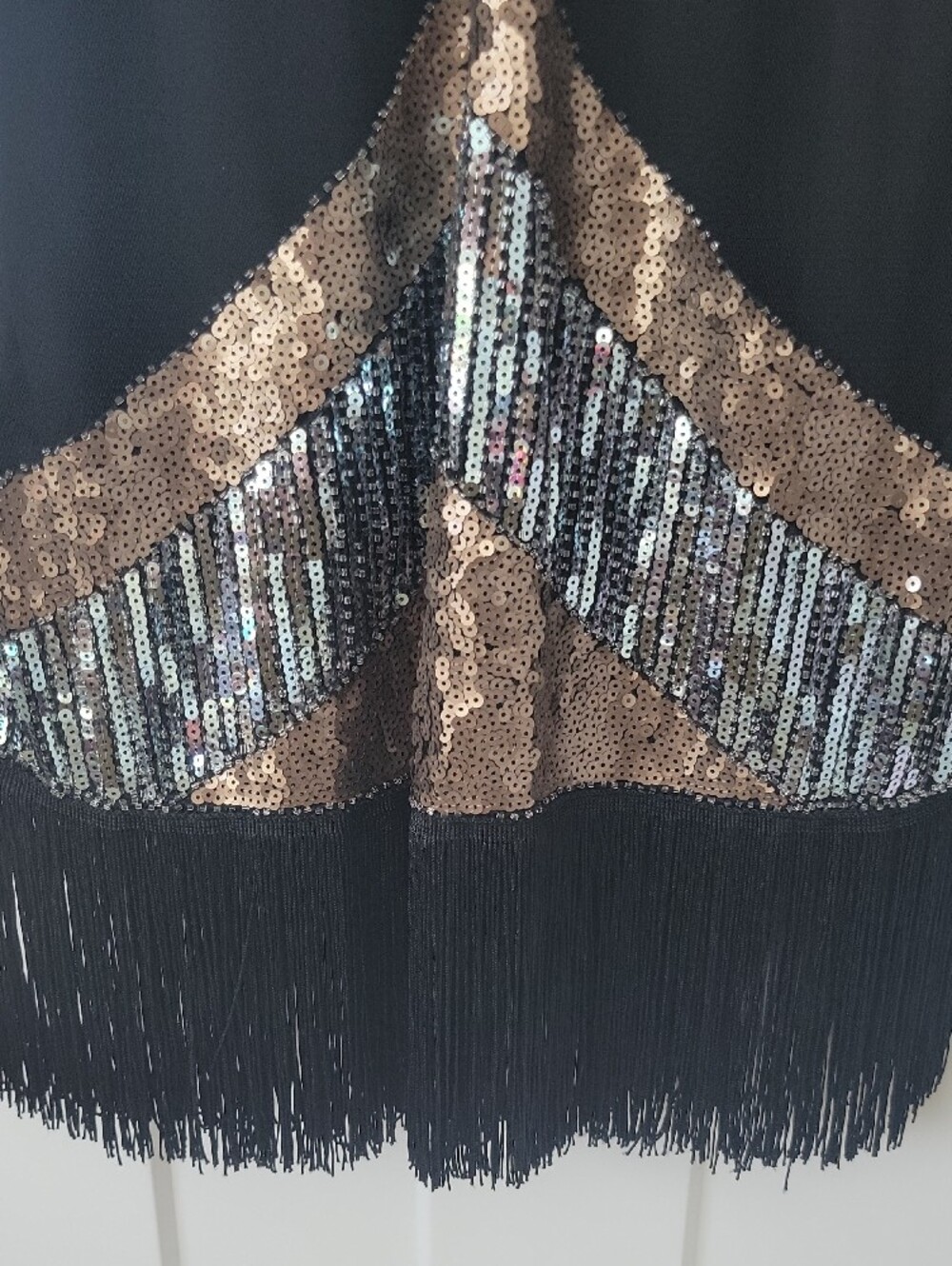 Black Sequin Starburst Midi Flapper Style Dress with Fringe - Picture 6 of 10